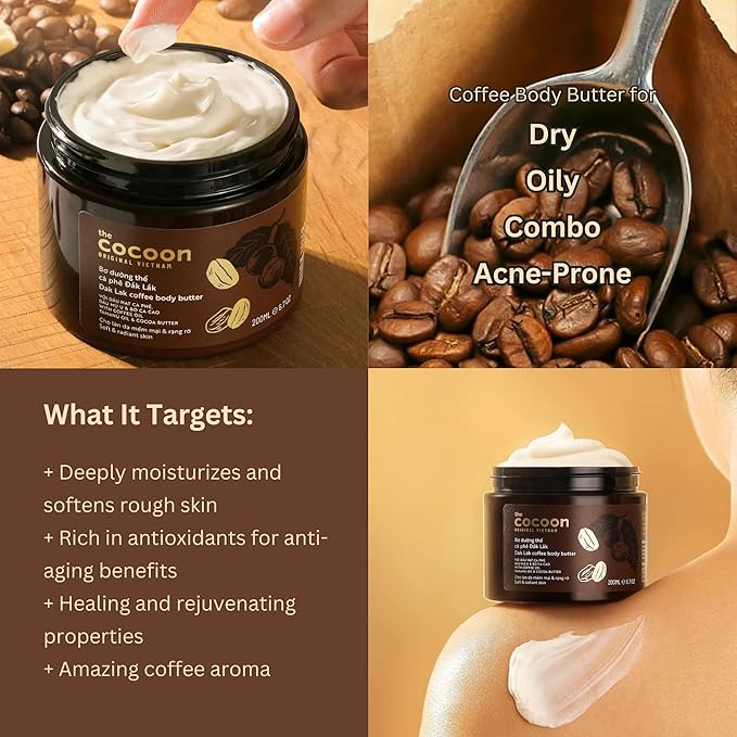 Cocoon Dak Lak Coffee Body & Face Care Set, Vegan Coffee Exfoliating Scrub and Body Butter Bundle for Smoother, Softer Skin, Hydrating Skincare Gift Set, 6.76 fl oz Each