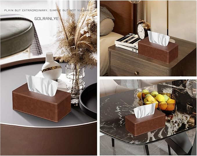 GOLRANLYE Tissue Box Cover Rectangular 9.8"(L) x 5.3"(W) x 4.3"(H) Refined Modern PU Leather Facial Tissue Dispenser Box Holder for Dresser Bathroom Decorative (Brown)