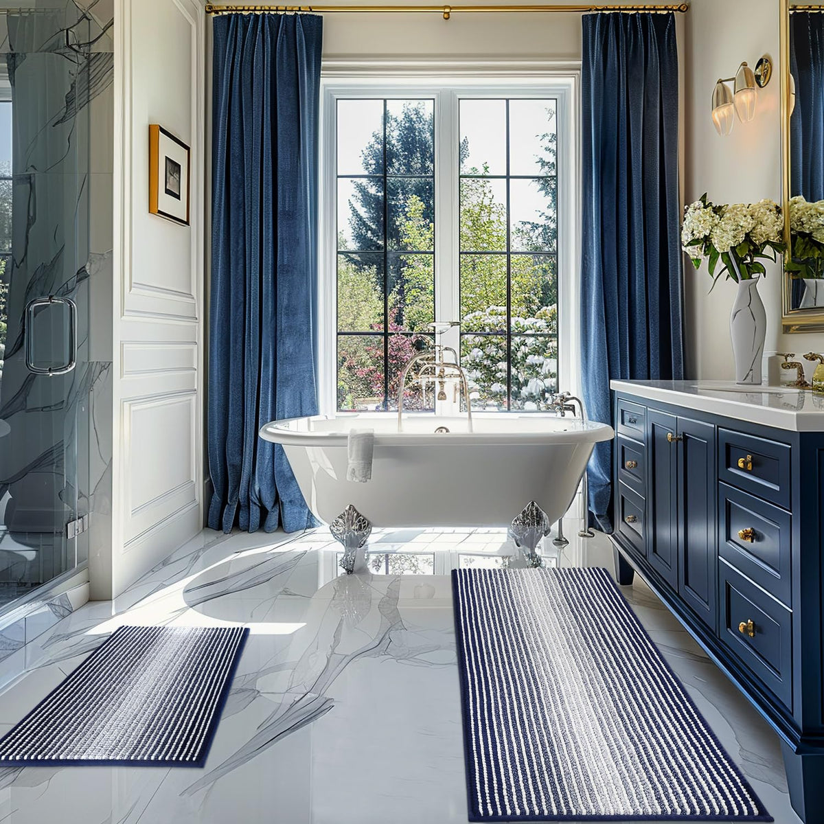 BSICPRO Bathroom Rugs Sets 2 Piece, Non Slip Striped Bath Mats, Navy