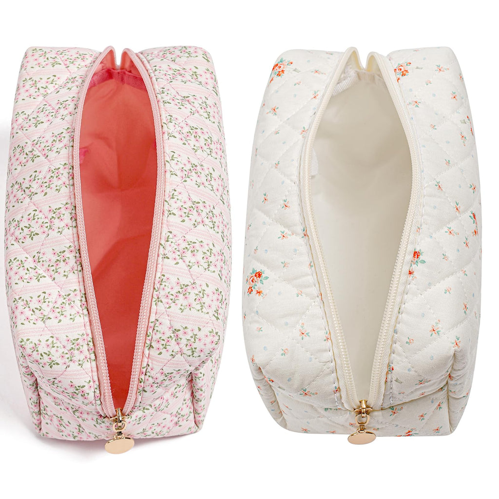 HHQQWZ Makeup Bag Travel Cosmetic Bag for Women Girls, Zipper Make Up Pouch, Floral Flowers Toiletry Organizer Makeup, Portable Storage Cosmetic Travel Cloth Bag (Pink+White Small Flower)