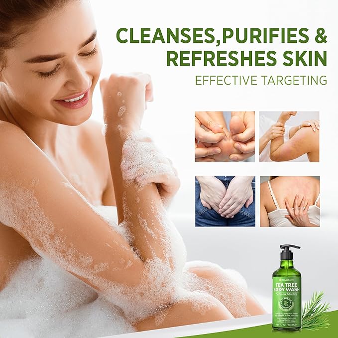 Roycederm Tea Tree Body Wash & Soap, Purifying and Refreshing Body Cleanser with Tea Tree Oil & Wormwood, Moisturizing Body Wash Helps Soothe Skin, Suitable for Men and Women, 16.9 Fl Oz