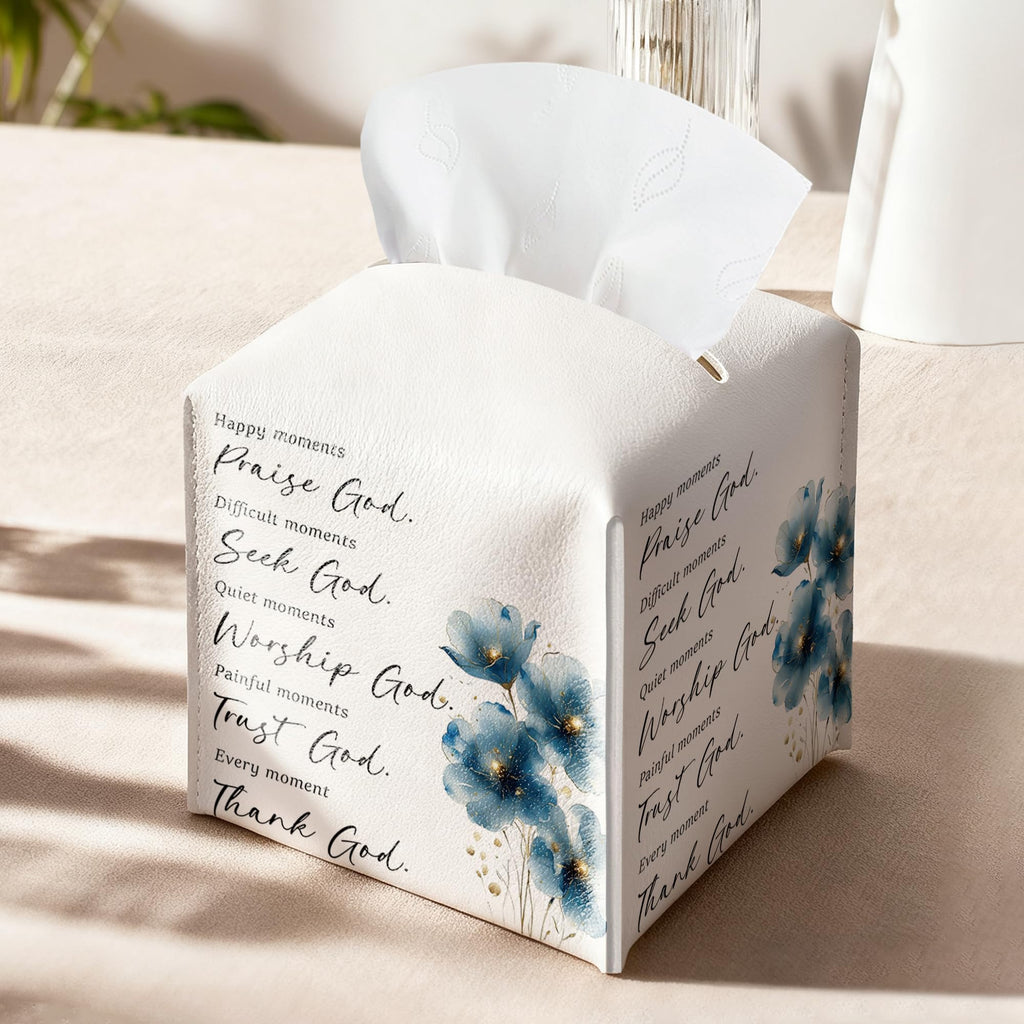 Blue Floral Tissue Box Cover, PU Leather Drawstring Bottom - Thank God, Inspirational Quotes, A Thoughtful Gift for Friends, Colleagues & Christian Loved Ones | Decorative Organizer