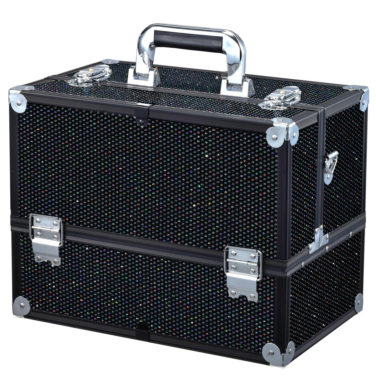 Joligrace Makeup Train Case Large 6 Tray Professional Organizer Box - Cosmetic Make Up Carrier with Lock & Key Carrying Strap for Studio Artist & Stylist Black Rhinestone