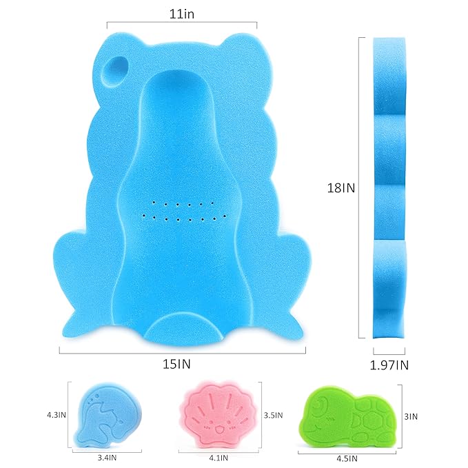 Baby Bath Sponge, Infant Comfy Soft Bath Sponges Mat, Natural Cute Shapes Skid-Proof Bathing Cushion for Toddler & Newborn, 4pcs Shape Style: Blue Dolphin, Pink Shell, Green Turtle and Big Blue Frog