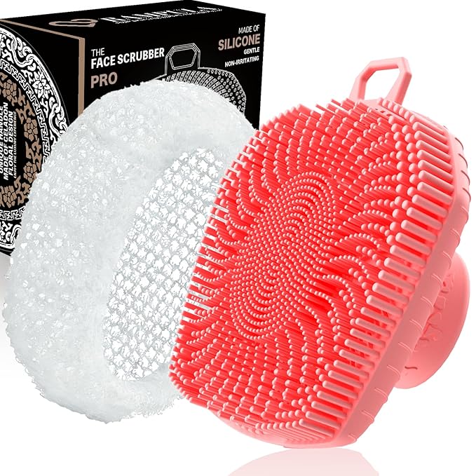 Face Scrubber & African Net, Silicone Exfoliating Brush for Men, Facial Cleansing Brush, Manual Waterproof Cleansing Skin Care, Blackhead Removing Pore Cleansing Massaging Face Brushes - Pink