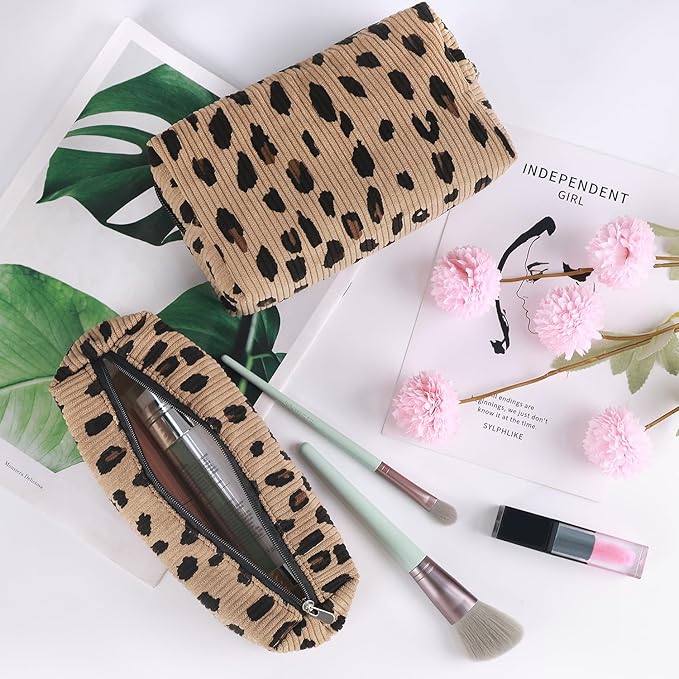 Gocvo 3 Pcs Makeup Bag Cosmetic Bag Set for Girls Women Travel Organizer Bathroom Toiletry Pouch Large Capacity Storage Bag (Leopard Brown)