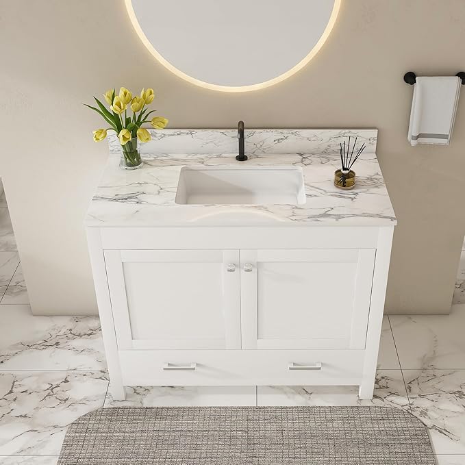 Montary 42" Bathroom Vanity with 43" Sintered Stone Carrara White Top, Modern Stylish MDF Bathroom Storage Cabinet, Vanity Set with 2 Doors and One Large Divided Drawer, White (Single Hole)