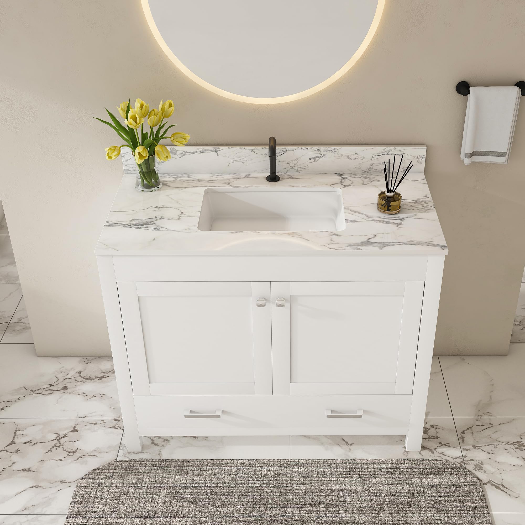 Montary 42" Bathroom Vanity with 43" Sintered Stone Carrara White Top, Modern Stylish MDF Bathroom Storage Cabinet, Vanity Set with 2 Doors and One Large Divided Drawer, White (Single Hole)