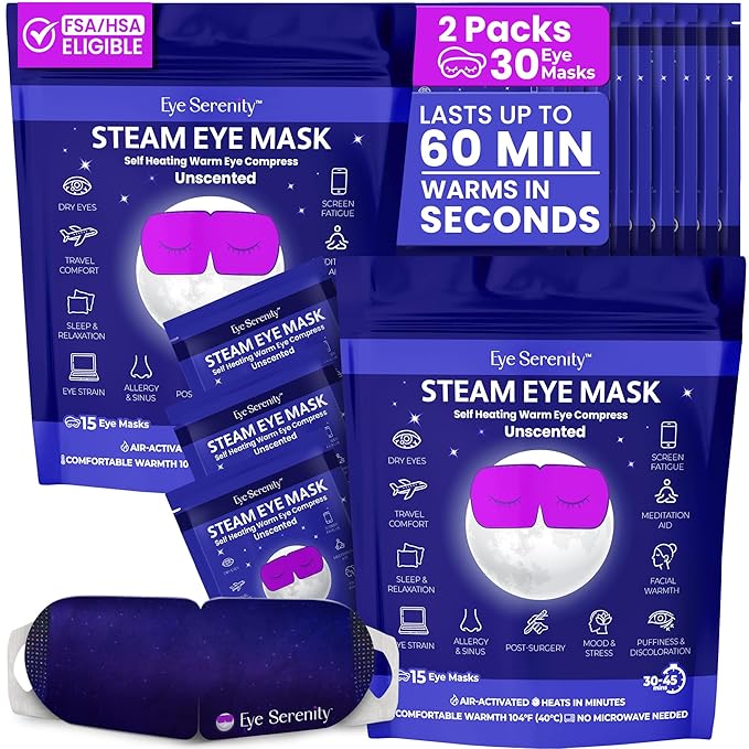 Lure Essentials Eye Serenity Steam Eye Mask, Heated Eye Mask, Self Heating Warm Compress for Dry Eyes, Fast Relief for Stye, Puffy Sensitive Eyes, Moist Heat, Gift for Women and Men - Unscented
