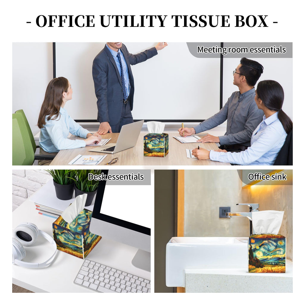 Starry Night Tissue Box Cover Square, Abstract Impressionist Oil Painting Tissue Box Holder Waterproof Leather Facial Paper Organizer Dispenser for Bathroom Home Car Nightstand Vanity Desk