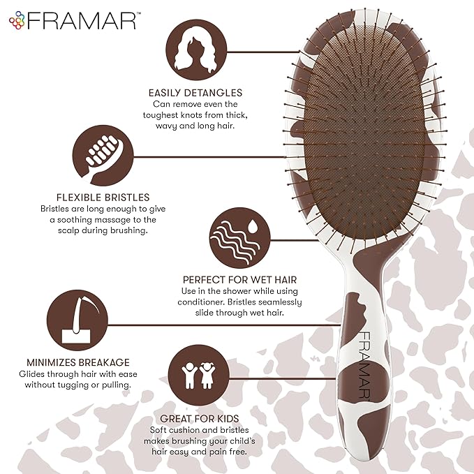 FRAMAR Cow Print Hair Brush Detangler, Detangling Hairbrush For Women, Wet Hair Brush For Girls, Wet Hairbrushes, Girls Hairbrush Detangler, Reduces Frizz - Cow Print