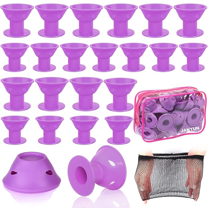 JANYUN 40 Pcs Purple Magic Hair Rollers Include 20pcs Large Sleeping Silicone Curlers 20pcs Heatless Small Hair Curlers (Purple)