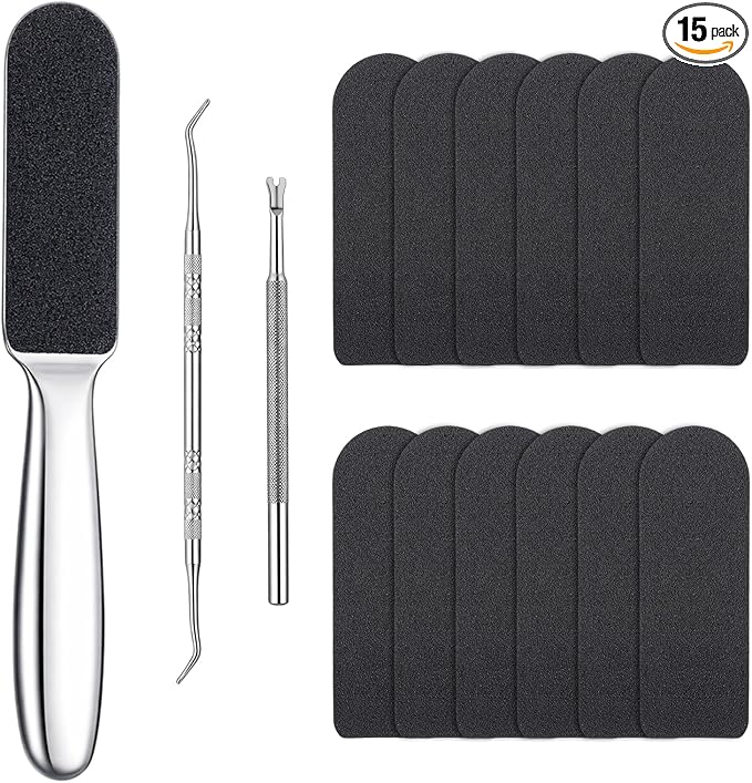 Professional Pedicure Foot File, Dual Sided Callus Cracked Remover Feet File Stainless Steel Foot Hard Skin Feet Rasp with 12 Pcs Replaceable Pads and Pedicure Tools for Women Men Corns Callus Cracked