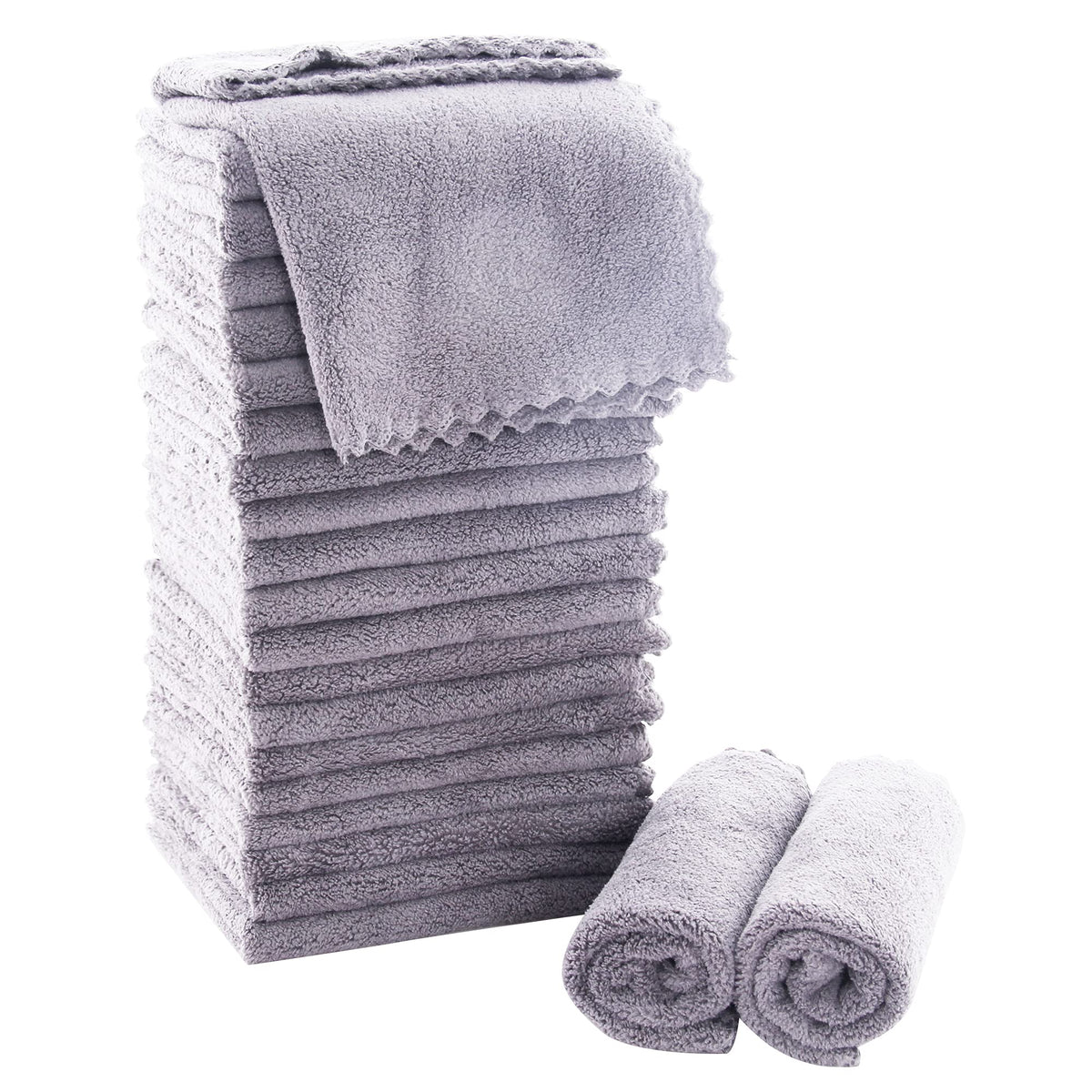 MOONQUEEN Ultra Soft Premium Washcloths Set - 12 x 12 inches - 24 Pack - Quick Drying - Highly Absorbent Coral Velvet Bathroom Wash Clothes - Use as Bath, Spa, Facial, Fingertip Towel (Grey)