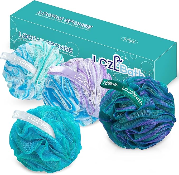 LCZLBath Shower Loofah 4PCS Soft Bath Body Sponge 60g Loofa Set Thick Wash Puffs for Women and Men (Purple-Blue-Green-Mixed)