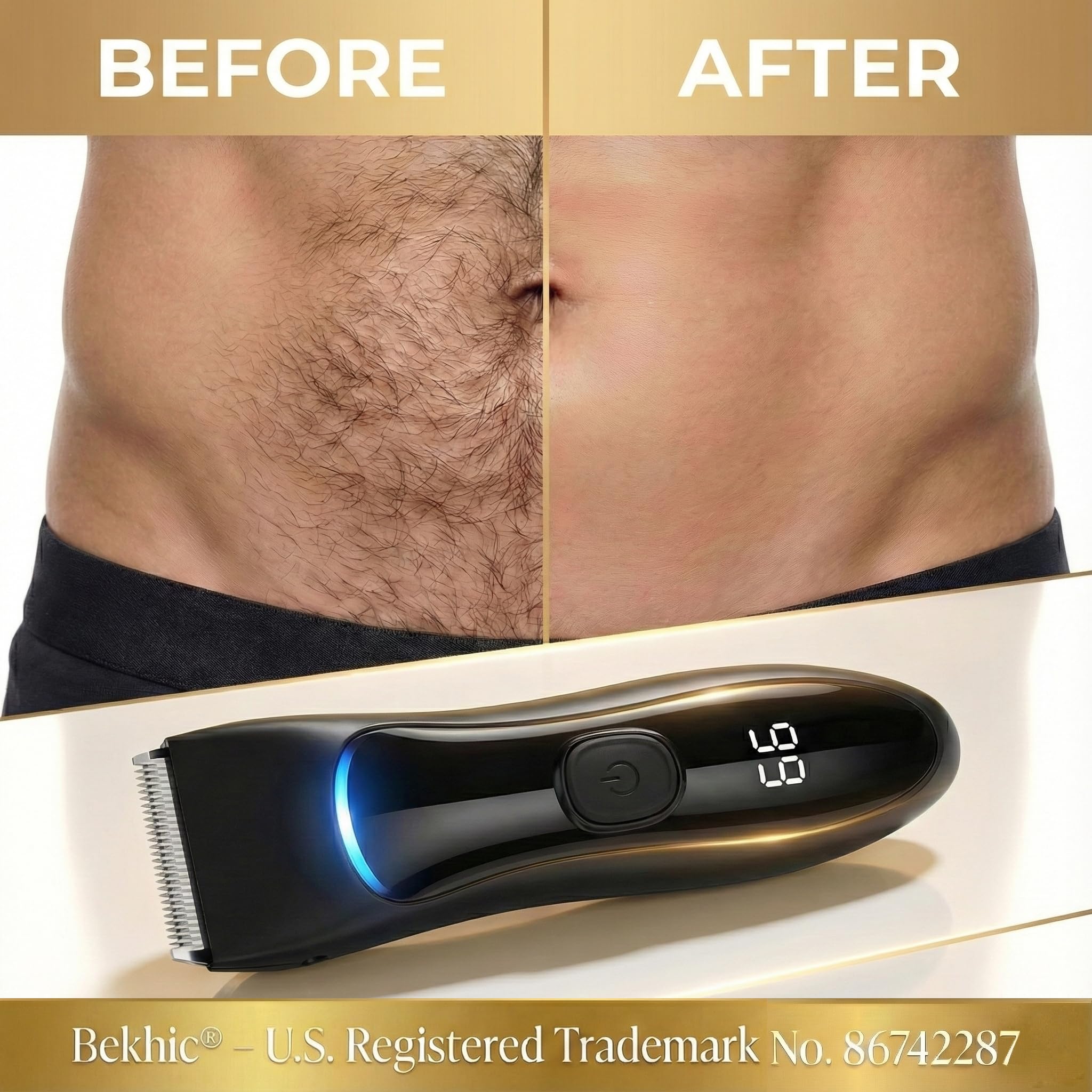 Bekhic Manscape Groin & Body Hair Trimmer for Men – Waterproof Pubic Hair Shaver & Ball Groomer with LED Light – No-Nick Ceramic Blade, 90-Min Runtime, Cordless Wet/Dry Clipper for Sensitive Skin