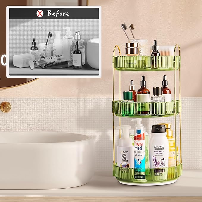 Niluks 360 Rotating Makeup Organizer - Large Capacity Spinning Perfume & Cosmetic Skincare Holder for Vanity & Countertop (Gem Green, 3 Tier)