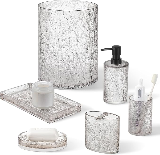 RQYIXI 6 PCS Resin Bathroom Accessories Set, Silver-Grey, Minimalist Luxury