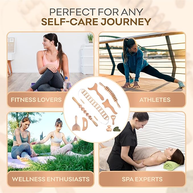 NESTIQUE 10 in 1 Wood Therapy Massage Tools for Body Shaping with Gua Sha Stone – Lymphatic Drainage kit for Muscle Pain Relief, Maderoterapia Professional kit for Body Sculpting