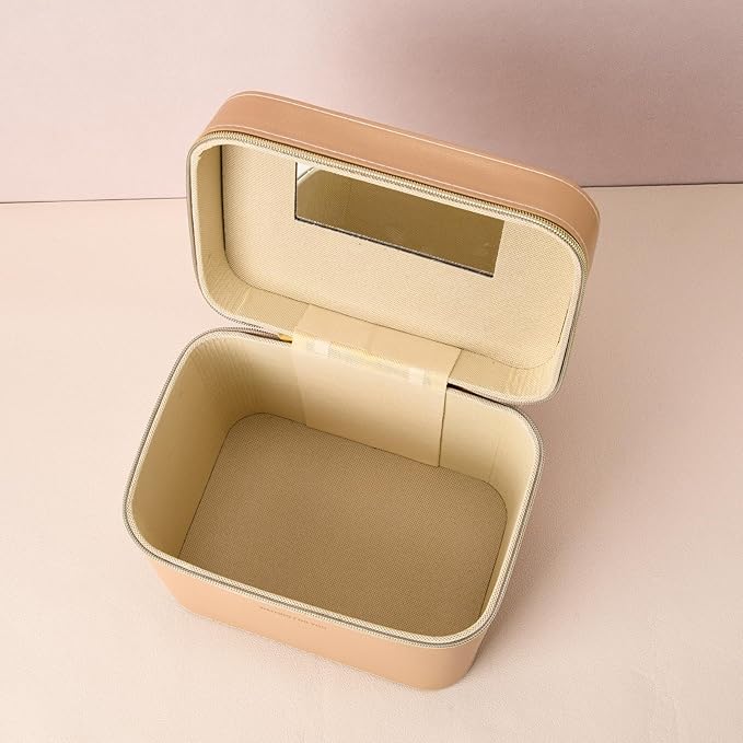 Sluxa Luxury Hard brown makeup box, Portable leather hard cosmetic case with mirror, Sturdy train case make up box for women adults. (Monolayer - Brown)