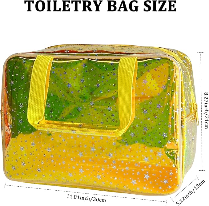 TotePrint Holographic Yellow Clear Star Large Cosmetic Bag and TPU Travel Pouch with Handle,Durable Material,Zipper Design-Ideal for Makeup,Travel Essentials (Yellow)