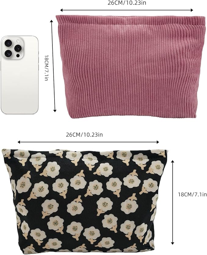RIKMOXR 2 large cosmetic bags Ladies' corduroy canvas makeup bag, travel makeup bag, purse storage bag, featuring black floral and pink patterns