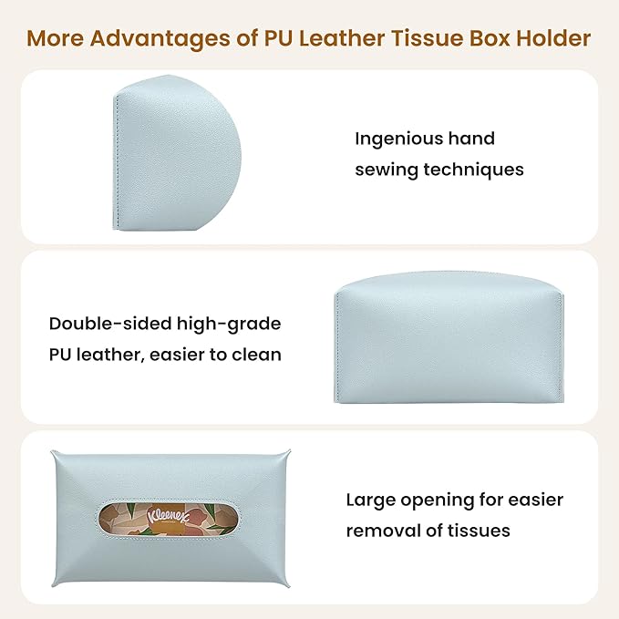 Long Tissue Box Cover, PU Leather Tissue Holder Rectangle, Facial Paper Organizer, Modern Dispenser for Bathroom, Kitchen, Home, Office, Tabletop (1, Sky Blue, Tall)
