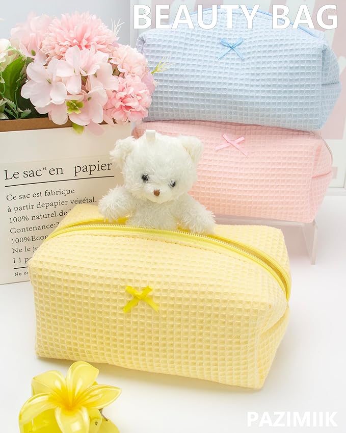 PAZIMIIK Cozy Makeup Bag for Women,Zipper Cosmetic Pouch,Waffle Yellow