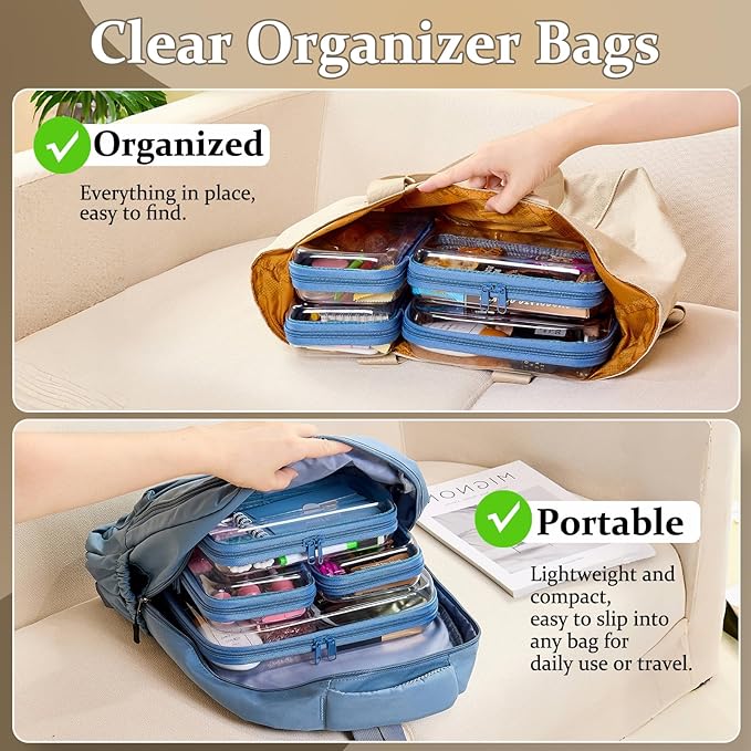 WELPIRT 4 pcs Clear Zipper Pouches,Hard Shell Zipper Case, Toiletry Bag for Travel, CLear Diaper Bag, Toiletry Pouch, Travel Organizer, Cosmetic Bag,Toy Storage Bins (M+3S) (Blue)