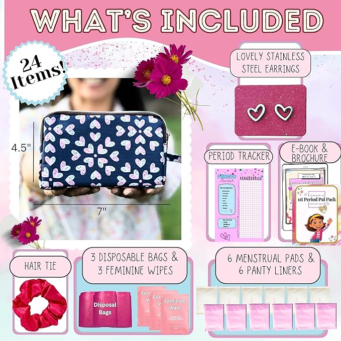 Mark and Lola's First Period Pal Pack to-Go Kit | 24 pcs | First Period Kit for Tweens | Teen Period Kit| Discrete Period Bag, Pads, Panty Liners, Period Kits for Tweens 10-12 (Hearts)
