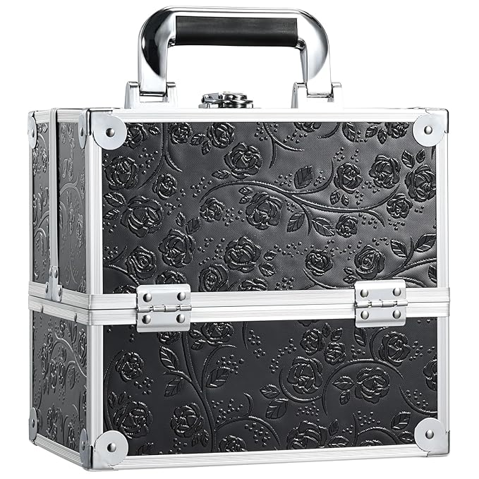 FRENESSA Makeup Train Case Cosmetic Box Portable Makeup Case Organizer 4 Trays Travel Case Storage with Dividers Lockable for Make up Artist Crafter Nail Kits Tools Black Floral