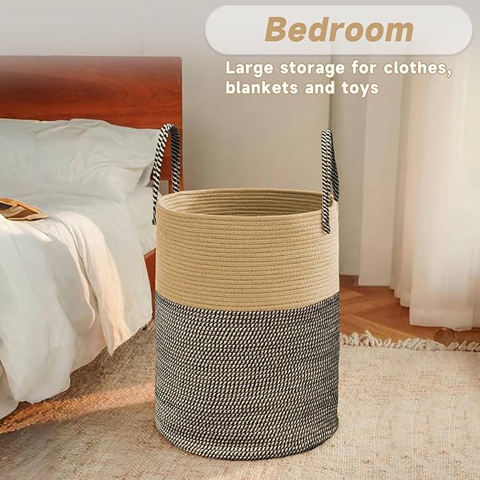 JMvicyroam Large Woven Laundry Basket Hamper,100L Cotton Rope Storage Bin for Blankets,Toys and Clothes,Decorative Tall Nursery Hamper for Living Room,Baby Nursery,Bathroom and Bedroom,Brown and Black