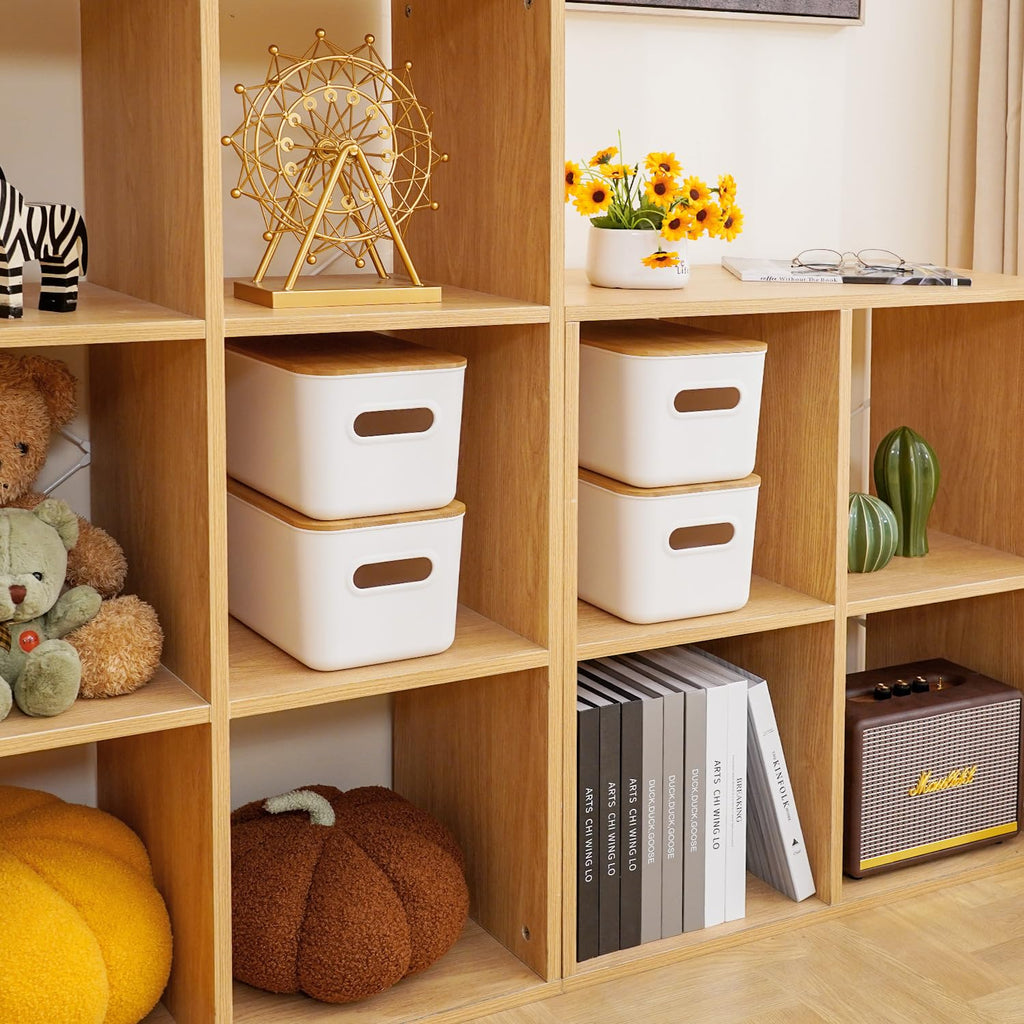 Citylife Storage Bins with Bamboo Lids 7QT Plastic Storage Containers Stackable Organizer Boxes with Handle for Desk Snacks, Toys, 4 PCS, 10" L x 7" W x 5.8" H