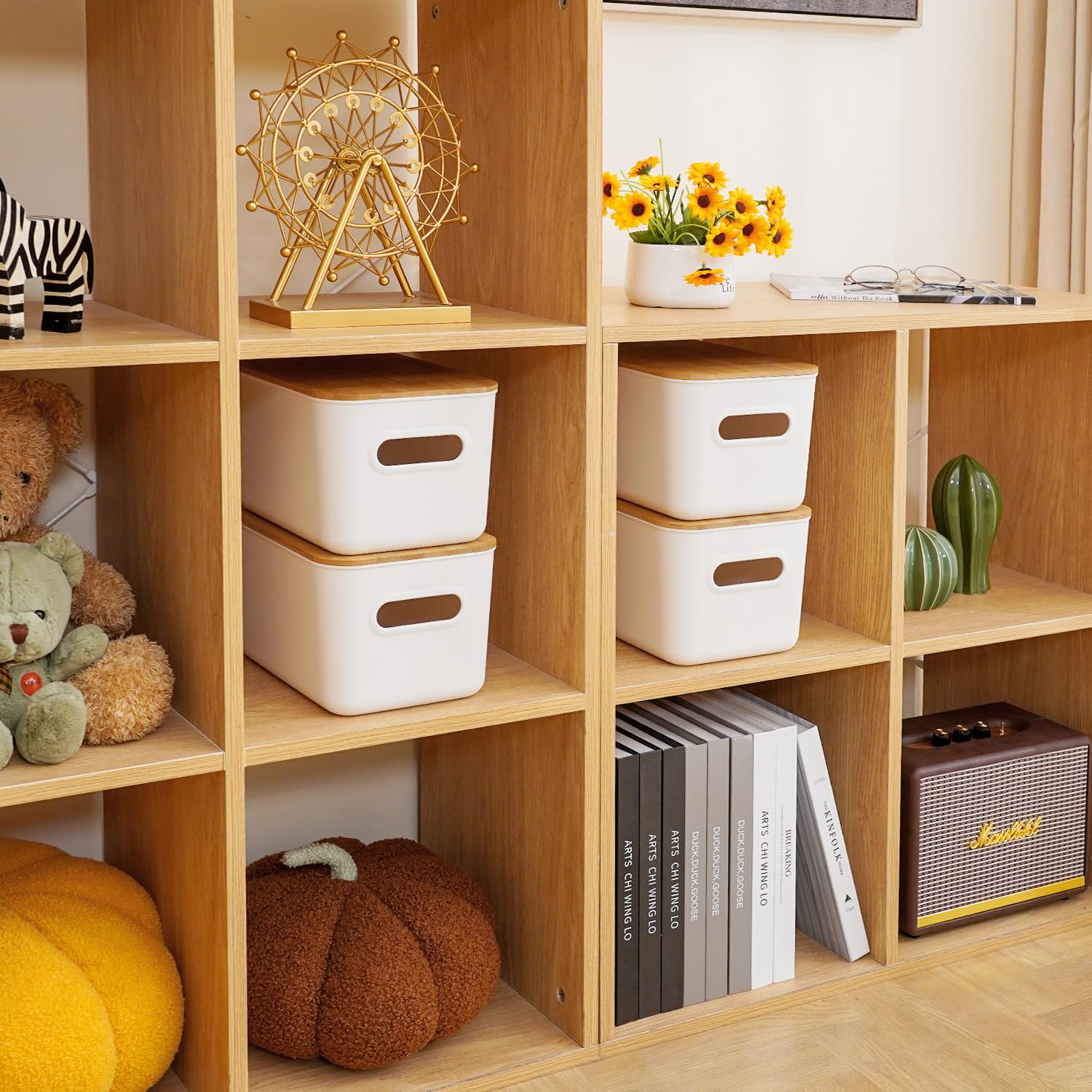 Citylife Storage Bins with Bamboo Lids 7QT Plastic Storage Containers Stackable Organizer Boxes with Handle for Desk Snacks, Toys, 4 PCS, 10" L x 7" W x 5.8" H