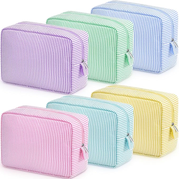 Sanwuta 6 Seersucker Cosmetic Bag Bulk Striped Makeup Bag for Women Aesthetic Cute Travel Toiletry Organizer Preppy Storage Pouch for Wedding Bridesmaid Mother's Day Teacher Gift (Large,Macaron Color)