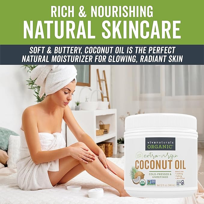 Viva Naturals Organic Coconut Oil - Unrefined and Cold-Pressed, Natural Hair Oil, Skin Oil and Cooking Oil with Fresh Flavor, Non-GMO Extra Virgin Coconut Oil (Aceite de Coco), USDA Organic, 32 Fl Oz (Pack of 1)