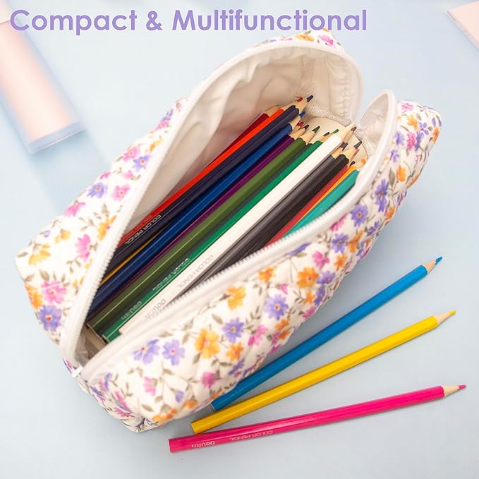 PAZIMIIK Small Quilted Makeup Bag,Zipper Cosmetic Pouch,Ditsy Floral,2 Pack