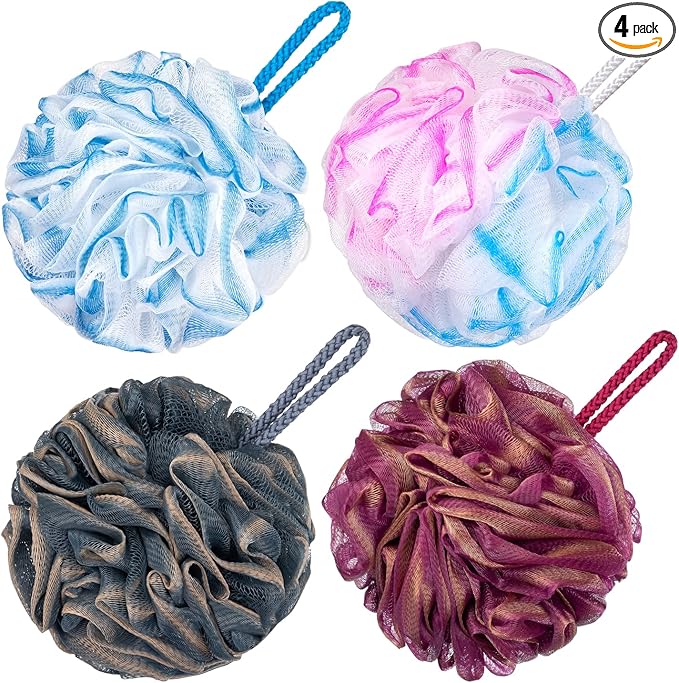 VANZAVANZU Bath Loofah Large 80g Shower Sponge Body Scrubber Mesh Pouf for Men and Women, Set of 4 (Multicolor)
