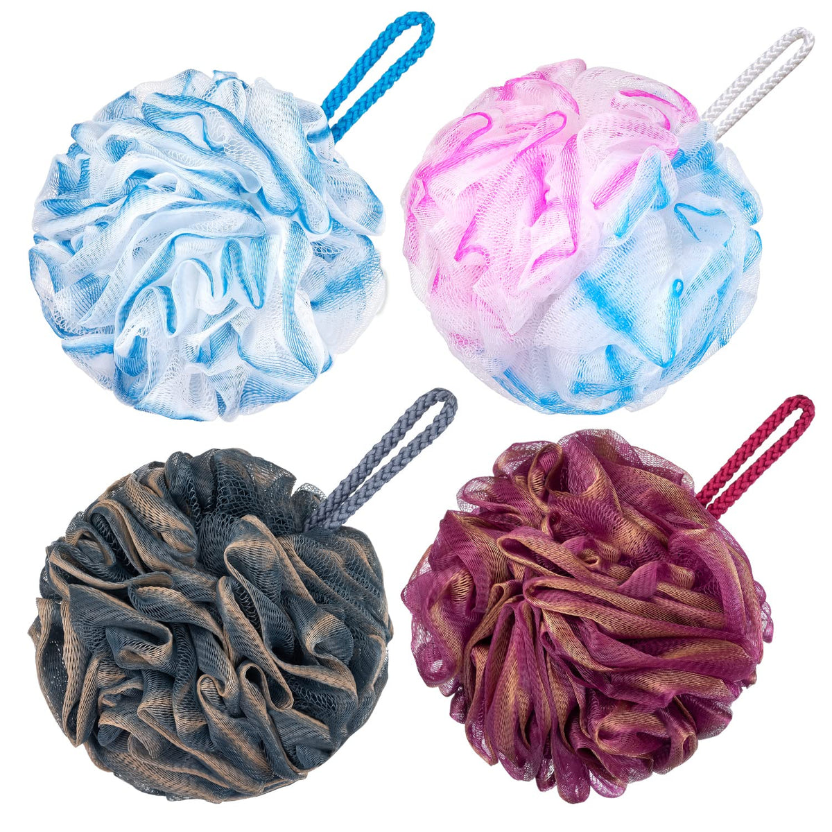 VANZAVANZU Bath Loofah Large 80g Shower Sponge Body Scrubber Mesh Pouf for Men and Women, Set of 4 (Black with White)