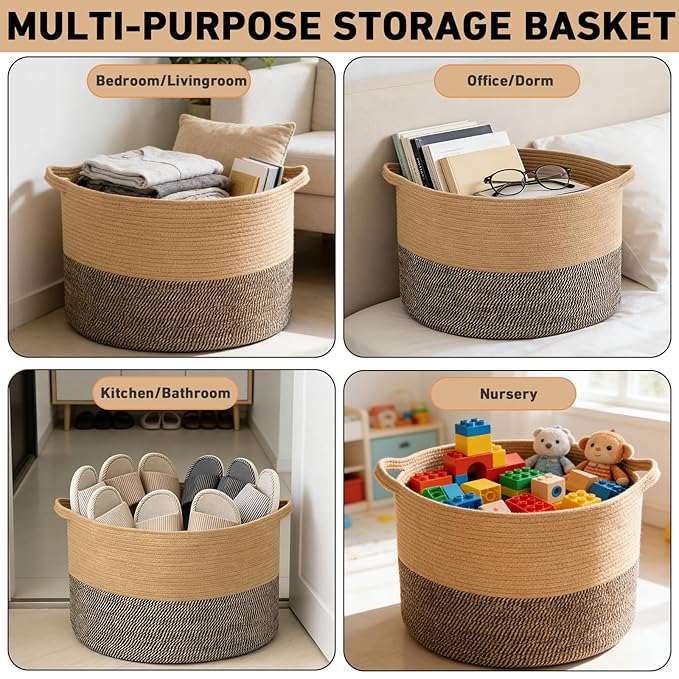 65L Large Blanket Basket,19.7" L x 19.7" W x 13" H Rope Woven Baskets with Handles, Toys Storage Bins,Laundry Basket Perfect for Living Room, Nursery,Bedroom,Home Organization,Jute&Black