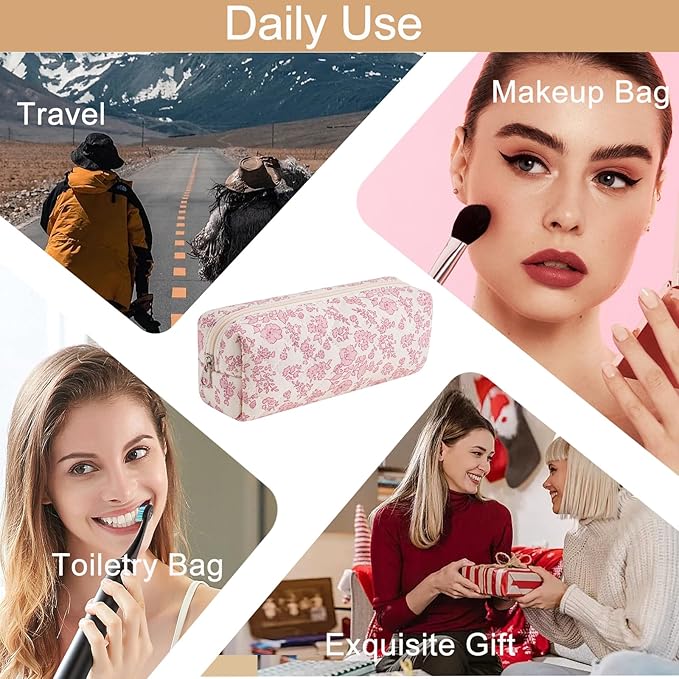 HHQQWZ Cute Floral Cotton Makeup Brush Cosmetic Bag for Women, Travel Quilted Zipper Make Up Bag, Flowers Toiletry Organizer Case Kawaii Makeup Cosmetic Travel Cloth Pouch (Big Pink Floral)