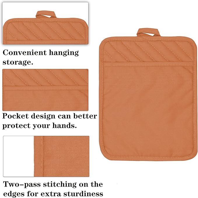 VEIKERY Oven Pot Holder with Pocket Cotton Heat Resistant Coaster Potholder Kitchen Hot Pad Oven Mitts for Cooking Square 7"x9"Set of 5 (Orange)