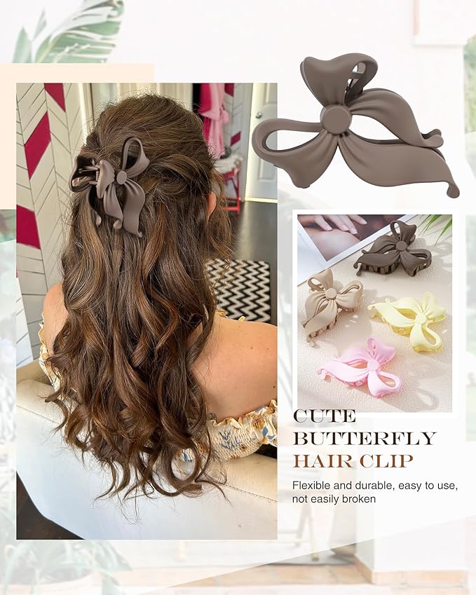 4 PCS Bow Hair Clips Bow Claw Clip for Women, Large Hair Claw Clips for Thin Thick Long Hair Cute Nonslip Bows (Dark Brown+Light Brown+Off-White+Light Pink)