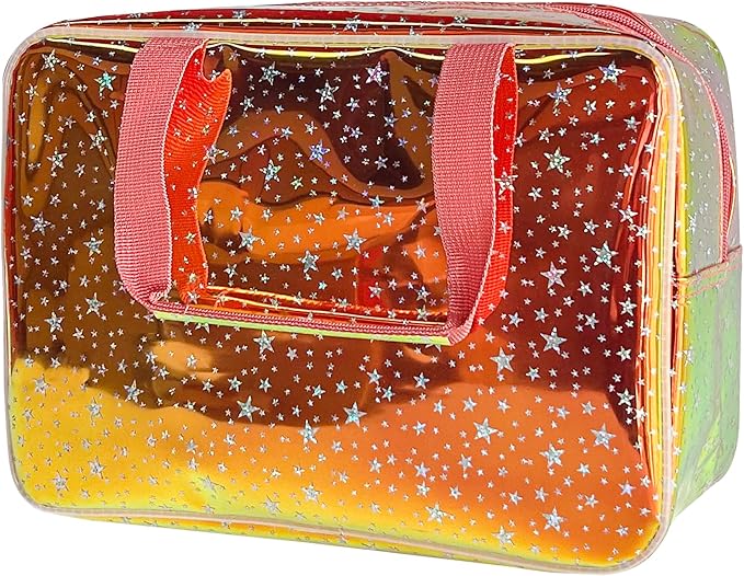 TotePrint Holographic Brown Clear Star Large Cosmetic Bag and TPU Travel Pouch with Handle,Durable Material,Zipper Design-Ideal for Makeup,Travel Essentials 11.81x5.12x8.27inch (Brown)