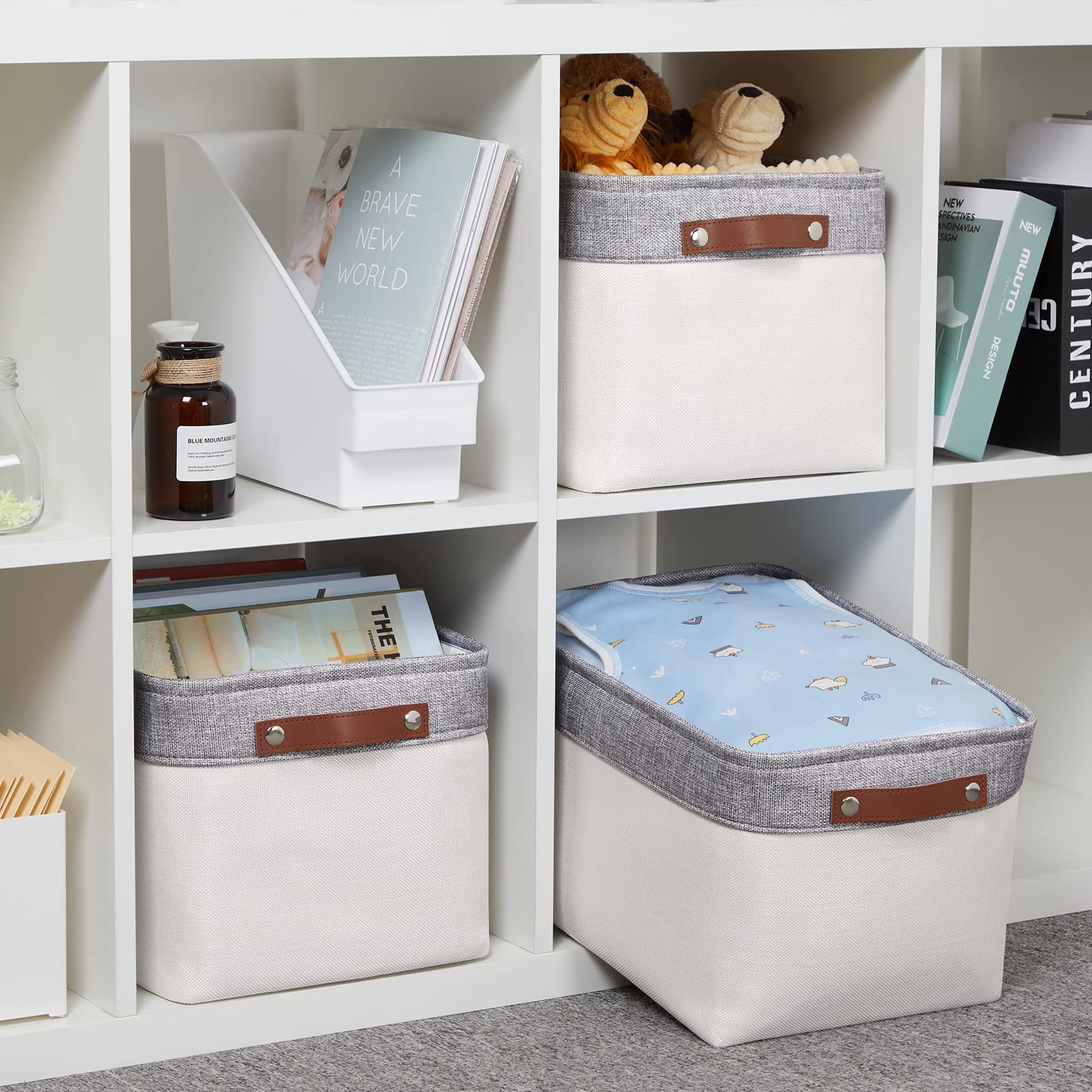HNZIGE Large Storage Baskets for Shelves(3 Pack) Fabric Storage Toy Baskets with Handles, Decorative Foldable Storage Bins for Organizing (Gray&White-Leather Handles, 15"x11"x9.5")