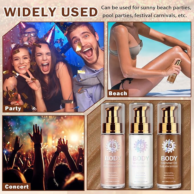 LZXLUKGIR Shimmer Body Oil,Glitter Sunscreen,SPF 45 Broad Spectrum,Lightweight Moisturizing Body Glow Oil,Water Resistant,Glowing Results,01 Rose Gold