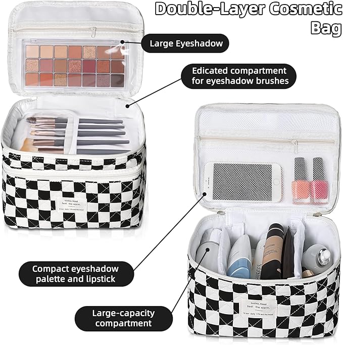 Gosect Makeup Bag, Portable Travel Make up Bag, Large Capacity Quilted Cosmetic Organizer Bag, Cute Floral Toiletry Bag for Women Girls