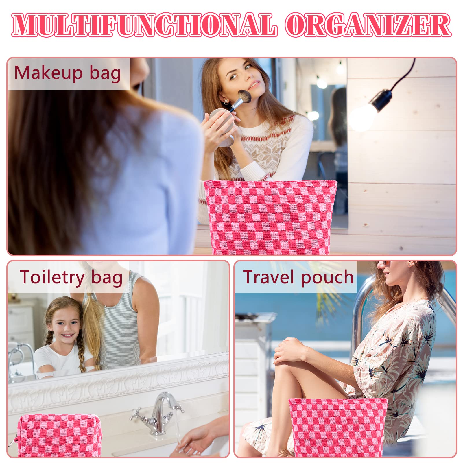 ZLFSRQ 2Pcs Makeup Bag Checkered Cosmetic Bag Set Travel Toiletry Bags for Purse Large Small Makeup Pouch for Women Cute Preppy Pencil Pouch Case Pink Zipper Skincare Bags