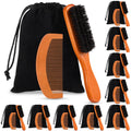 10 Sets Natural Boar Bristle Brush, Pear Wood Dual Sided Wide Tooth Comb with Travel Pouch - Beard Grooming Kit for Men's Beard Care, Valentine Gift (Long Handle)
