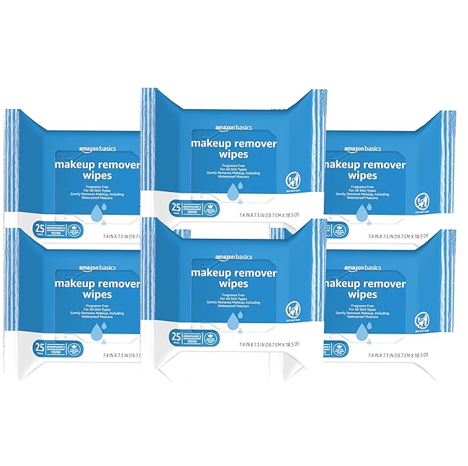 Amazon Basics Makeup Remover Wipes, Formulated without Fragrance and Alcohol-Free, Gentle Cleansing, Removes Waterproof Mascara, Dermatologist Tested, 25 Count, Pack of 6